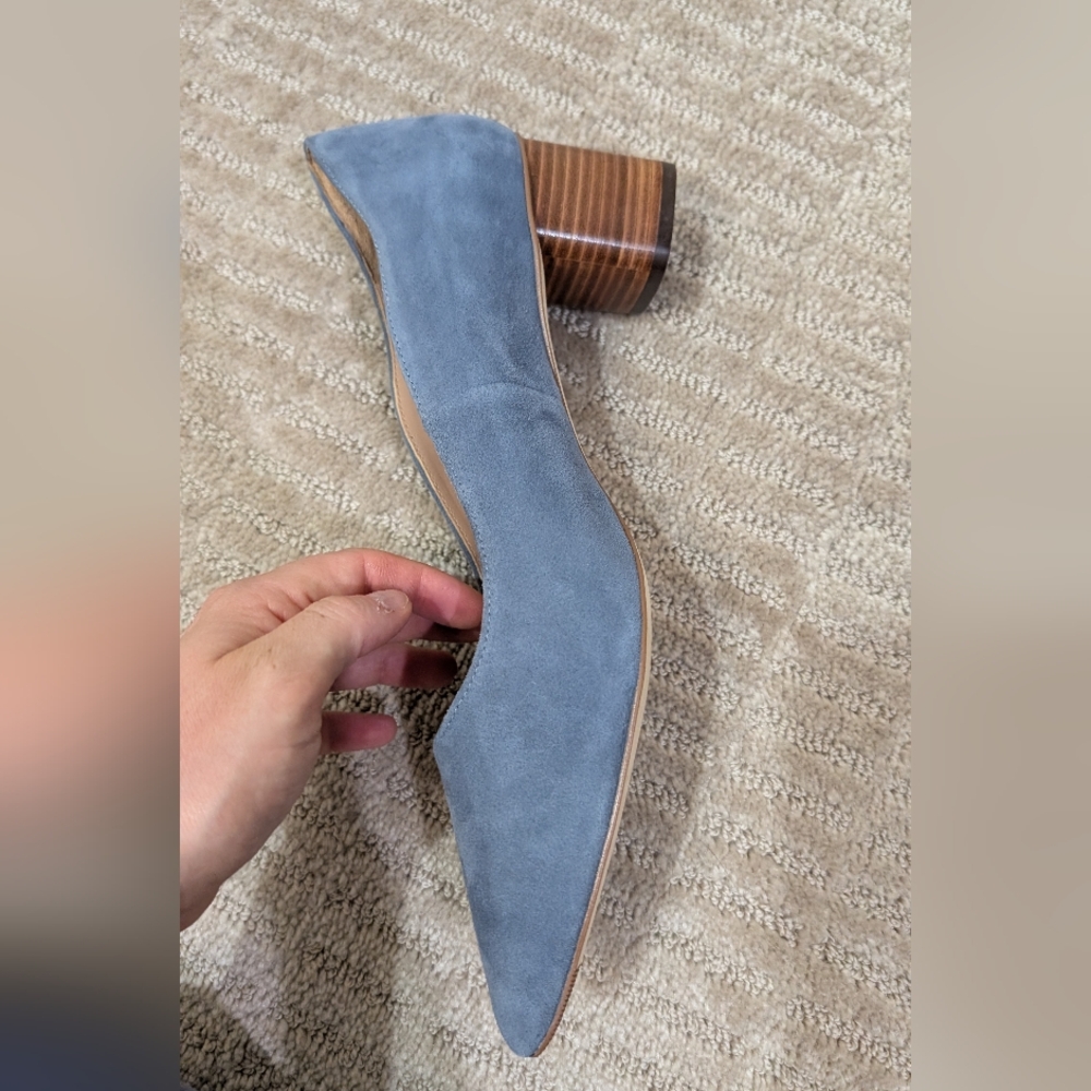 Blue Suede Pointed Toe Block Heel Pumps - Picture 7 of 10